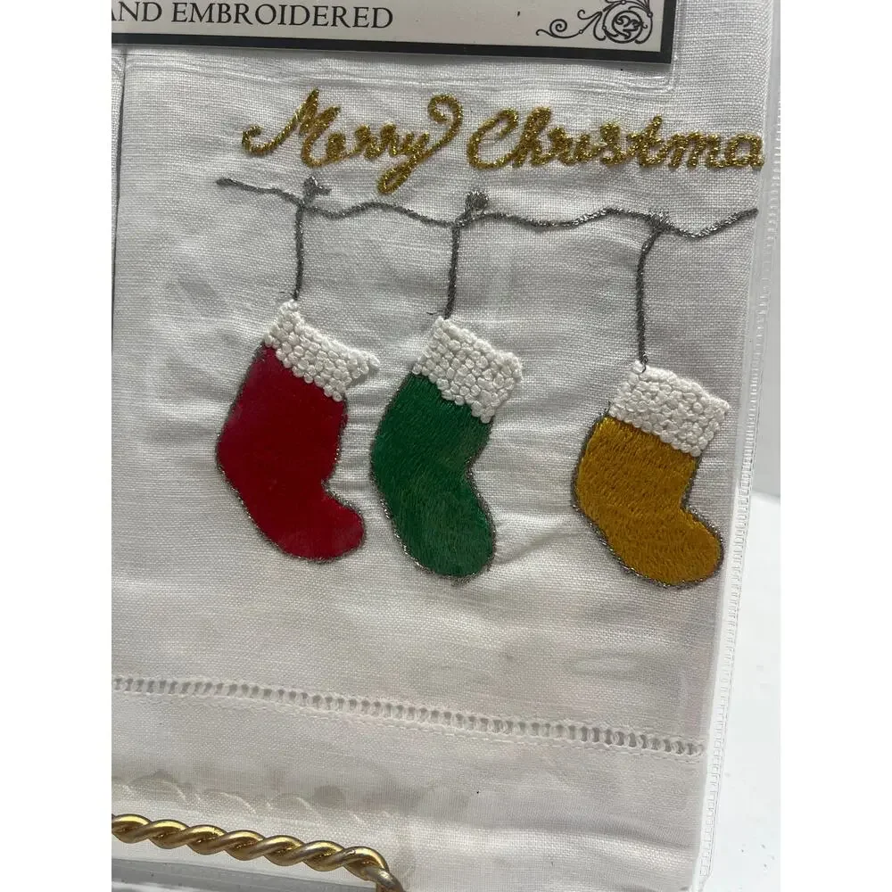 Hand Embroidered Christmas Linen Guest Towels